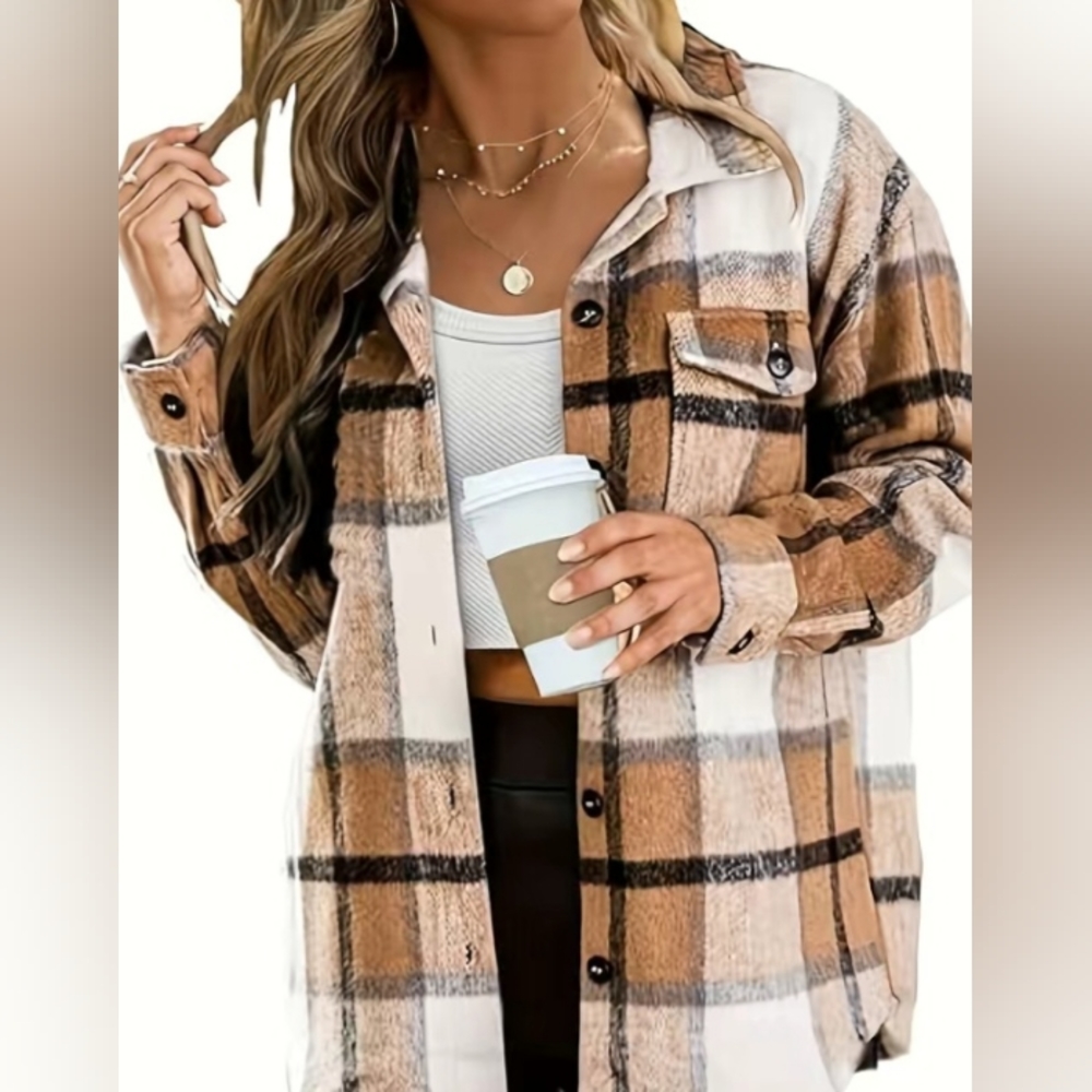 SOLD*Biege Mix Colors Plaid Shacket Jacket Outerwear Womens Sz XL(12)